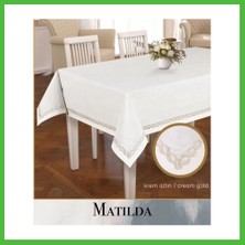 Bezos 155X260 cm Matilda Model Krem-Altın Yemek Masası Örtüsü Keten Tablecloth Şık Tasarım Arz