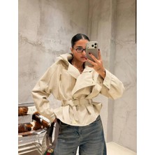 Miss Beyoğlu Kemerli Suni Deri Biker Ceket - Altın Fermuarlı Oversize Kadın Deri Ceket