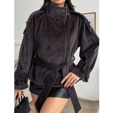 Miss Beyoğlu Dik Yaka Düğmeli Kemerli Multi Color Fox Kısa Ceket