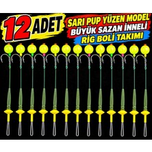 12 Adet Sarı Pup Yüzen Model Sazan Olta Takımı – Büyük Sazan Iğneli Hazır Rig ve Boli Seti