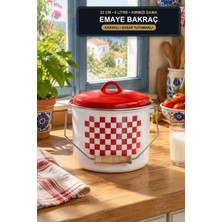 Viracasa Emaye Bakraç 22 cm 5 Litre Kırmızı Dama Kapaklı Ahşap Tutamaklı Süt ve Yoğurt Tenceresi