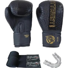 Tr Cool Lime Hakiki Deri Kick Boks Eldiveni Muay Thai Bandaj Dişlik 3'lü Set Siyah 14 Oz