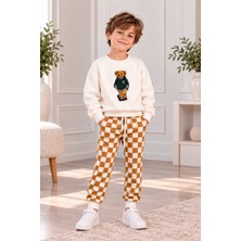 Esmer Bebe Kız Erkek Çocuk Ayıcık Desenli 2'li Eşofman Takımı Ekru Sweatshirt Kareli Hardal Pantolon Günlük Spor Kombin