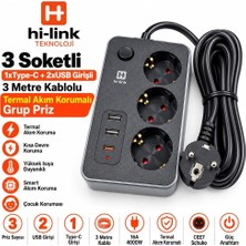 Antenci Hi-Link 3 Soketli 1xtypec+2xusb Girişli 3 Metre Kablolu Termal Akım Korumalı Grup Priz