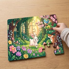 Punto Dizayn Çiçekli Ormanda Mutlu Tavşan ve Hayvanlar  Tasarımlı 24 Parça Ahşap Çocuk Puzzle