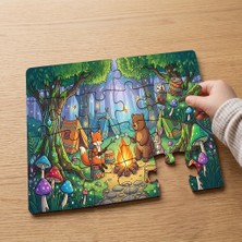 Punto Dizayn Sihirli Ormanda Kamp Yapan Hayvanlar  Tasarımlı 24 Parça Ahşap Çocuk Puzzle
