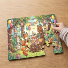 Punto Dizayn Ormanda Doğum Günü Partisi  Tasarımlı 24 Parça Ahşap Çocuk Puzzle