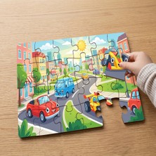 Punto Dizayn Şehirden Geçen Sevimli Arabalar Tasarımlı 24 Parça Ahşap Çocuk Puzzle