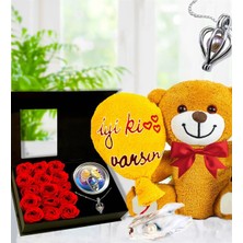 RK Tasarım Sevgiliye Hediye Inci Kolyeli Gül Kutusu & Iyi Ki Varsın Peluş Ayıcık