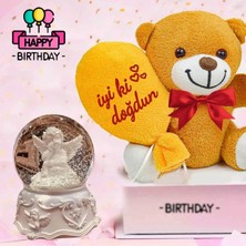 RK Tasarım Iyi Ki Doğdun Balonlu Peluş Ayıcık & Beyaz Melek Büyük Boy Müzikli Kar Küresi