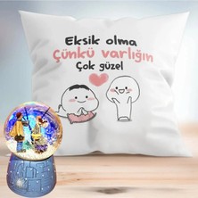 RK Tasarım Eksik Olma Puf Yastık & Kış Masalı Işıklı Müzikli Kar Küresi