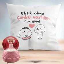 RK Tasarım Eksik Olma Puf Yastık & Pembe Peri Işıklı Kar Küresi Sevgiliye Hediye