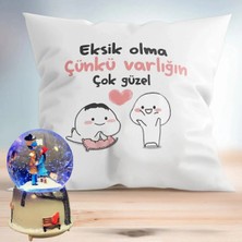 RK Tasarım Eksik Olma Puf Yastık & Sokak Lambası Işıklı Kar Küresi Sevgiliye Hediye