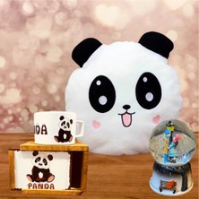 RK Tasarım Panda Yastık ve Kutulu Kupa Hediye Seti ve Işıklı Kar Küresi Hediye