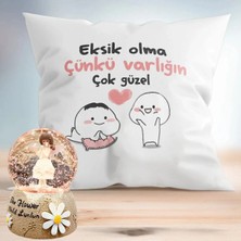 RK Tasarım Eksik Olma Puf Yastık & Papatya Peri Kızı Işıklı Melek Kar Küresi Sevgiliye Hediye