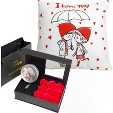 RK Tasarım Istiridye Içinde Inci Kolyeli Kırmızı Gül Kutusu ve I Love You Yastık Sevgiliye Hediye