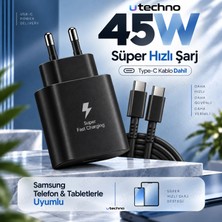 45W (Watt) Samsung Uyumlu Süper Hızlı Şarj Uyumlu Başlık | Type-C To Type-C Kablo Set Siyah Utechno