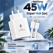 45W (Watt) Samsung Uyumlu Süper Hızlı Şarj Uyumlu Başlık | Type-C To Type-C Kablo Set Beyaz Utechno