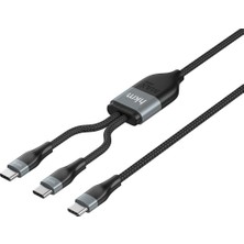 Salmore Duo Power 100W Çift Uçlu, Type-C To Type-C + Type-C Şarj Kablosu, Örgü Tasarım, 1.2 Metre, Siyah