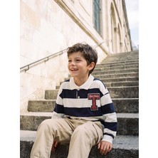 LC Waikiki Lcw Kids Lacivert Polo Yaka Çizgili Nakışlı Erkek Çocuk Tişört