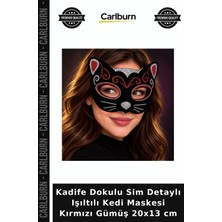 Carlburn Kadife Dokulu Sim Detaylı Işıltılı Kedi Maskesi Kırmızı Gümüş 20X13 cm Etkinlik Ürünü Sunum Detayı