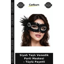 Carlburn Siyah Taşlı Venedik Parti Maskesi – Tüylü Payetli Göz Alıcı Stil Davet Ürünü Gösterişli Parça