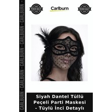 Carlburn Siyah Dantel Tüllü Peçeli Parti Maskesi - Tüylü Inci Detaylı Balo Aksesuarı Moda Detay Kutlama Ürünü