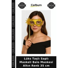 Carlburn Lüks Taşlı Saplı Maskeli Balo Maskesi Altın Renk 35 cm Parti Süsü Kıyafet Unsuru Sahir Detayı