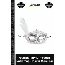 Carlburn Gümüş Tüylü Payetli Lüks Taşlı Parti Maskesi Kokteyl Objesi Stil Sahibi Sahne Takisi