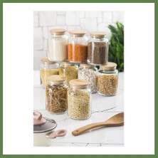 Bezos 9 Lu Set Bambu Kapaklı Cam Kavanoz & Erzak Saklama Kabı 800 ml Orta Boy ( Vakum Kapak ) HB006