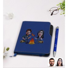 BK Gift Kişiye Özel Sevgililer Karikatürlü Lacivert Termo Deri Defter Kalem Seti-95