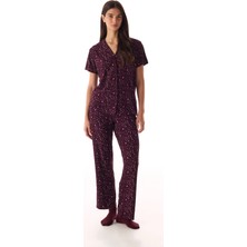 Penti Bordo Leopar Fitilli Kısa Kollu Gömlek Pantolon Pijama Takımı
