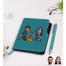 BK Gift Kişiye Özel Sevgililer Karikatürlü Turkuaz Termo Deri Defter Kalem Seti-95