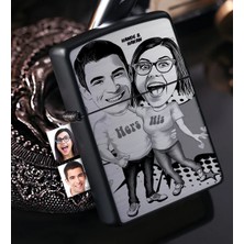 BK Gift Kişiye Özel Sevgililer Karikatürlü Benzinli Siyah Metal Çakmak - 5