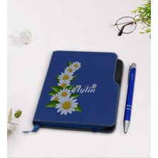 BK Gift Kişiye Özel Papatya Temalı Lacivert Termo Deri Defter Kalem Seti-8