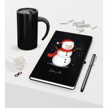 BK Gift Kişiye Özel Yılbaşı Kardan Adam Temalı Siyah Defter Kalem Termos Mug Seti - 2