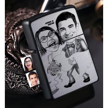 BK Gift Kişiye Özel Gelin Damat Karikatürlü Benzinli Siyah Metal Çakmak - 7