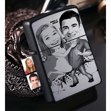 BK Gift Kişiye Özel Sevgililer Karikatürlü Benzinli Siyah Metal Çakmak - 3