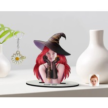 BK Gift Kişiye Özel Kadın Cadı Karikatürlü 3D Ahşap Biblo ve Isimli Gold Papatya Anahtarlık-2
