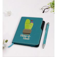 BK Gift Kişiye Özel Kaktüs Tasarımlı Turkuaz Termo Deri Defter Kalem Seti-13