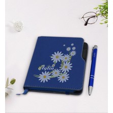 BK Gift Kişiye Özel Papatya Temalı Lacivert Termo Deri Defter Kalem Seti-1
