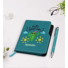 BK Gift Kişiye Özel Kaktüs Tasarımlı Turkuaz Termo Deri Defter Kalem Seti-8