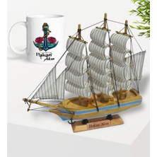 BK Gift Kişiye Özel Ahşap El Yapımı Yelkenli Gemi 26CM ve Çapa Tasarımlı Kupa Hediye Seti-8