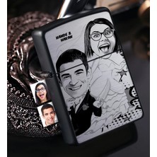 BK Gift Kişiye Özel Gelin Damat Karikatürlü Benzinli Siyah Metal Çakmak - 2