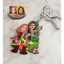 BK Gift Kişiye Özel Yeni Yıl Kız Kardeşler Karikatürlü Ahşap Anahtarlık-2