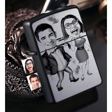 BK Gift Kişiye Özel Sevgililer Karikatürlü Benzinli Siyah Metal Çakmak - 4