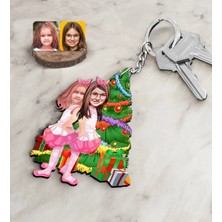 BK Gift Kişiye Özel Yeni Yıl Kız Kardeşler Karikatürlü Ahşap Anahtarlık-1
