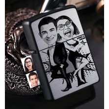 BK Gift Kişiye Özel Sevgililer Karikatürlü Benzinli Siyah Metal Çakmak - 6