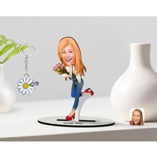 BK Gift Kişiye Özel Kadın Karikatürlü 3D Ahşap Biblo ve Isimli Silver Papatya Anahtarlık-13