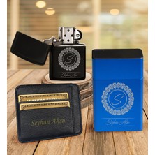 BK Gift Kişiye Özel Isimli Kartlık Mavi Metal Sigara Tabakası Benzinli Çakmak Seti - 2